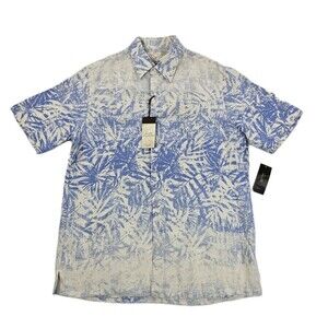 Tasso Elba Island Shirt Mens Medium Blue White Silk Linen Blend Short Sleeve New